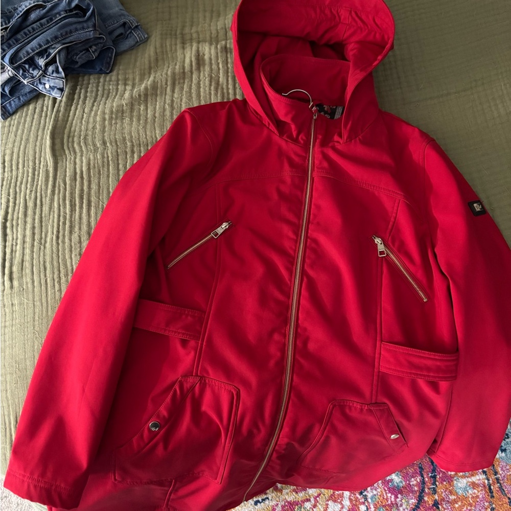Eliza J Red Raincoat with Hood and Zipper Closure